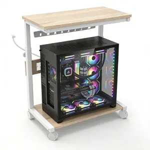 Adjustable Height Mobile CPU Stand with Power Outlet, Rolling Computer Tower Cart with Wheels, 2-Tier Wood & Steel PC Holder for Home Office
