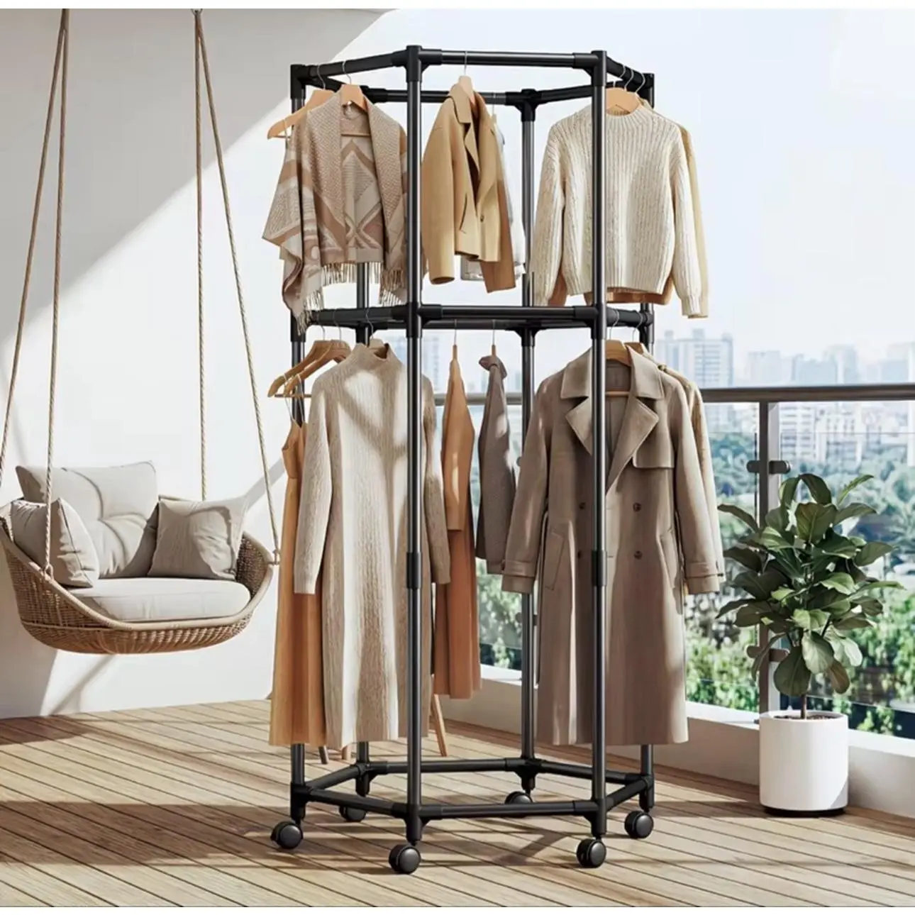 360° Rotating Clothes Rack with Wheels Hexagonal Rolling Garment Rack Large Capacity Hanging Rods Freestanding Wardrobe Organizer for Bedroom Laundry Room Balcony Small Spaces