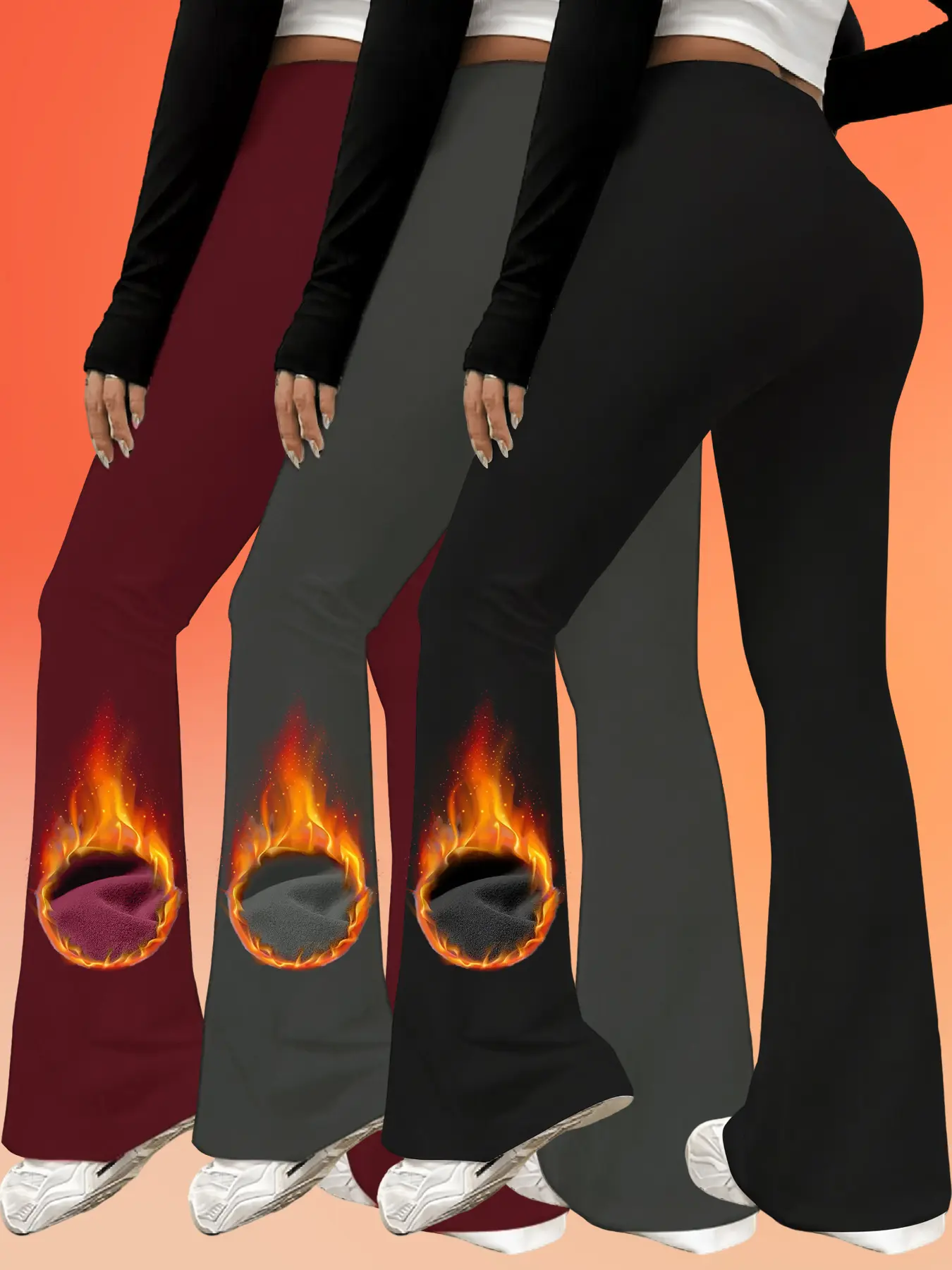 Women's 3-Pack Thick High-Waist Flare Pants, brushed fleece. Black, grey, red. Winter warm grip fit, slim through hip, kick flare. Casual stylish comfort