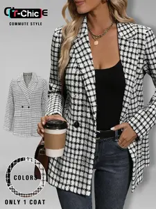 Women's Casual Plaid Trendy Blazer Jacket, Loose Fit Woven Fabric, Comfortable Daily Wear Outerwear
