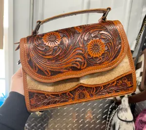 Genuine hand tooled leather & cowhide handbag/crossbody strap with tooled details