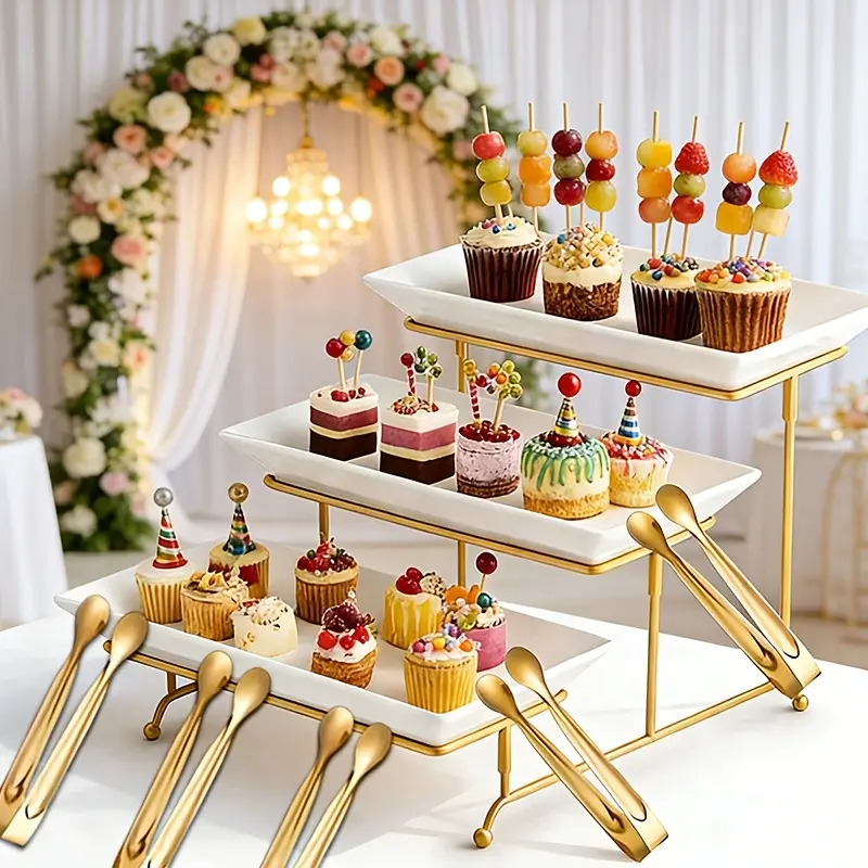 3 Tier Serving Stand, Gold Metal Afternoon Tea Stand with Rectangular Trays, Elegant Tiered Dessert Display Tray for Fruit, Pastry, Wedding & Party Buffet Ornaments Decor