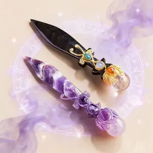 Natural Amethyst & Obsidian Crystal Ball, Unbladed Knife Model, Reiki Energy Healing, Polished Crystal Artwork, Spiritual Collectible, Natural Crystal Sphere