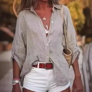 2025 European and American New Women's Cotton Linen Solid Color Loose Fit Three-Quarter Sleeve Shirt Top Summer Womenswear Blouse Basic Casual1123