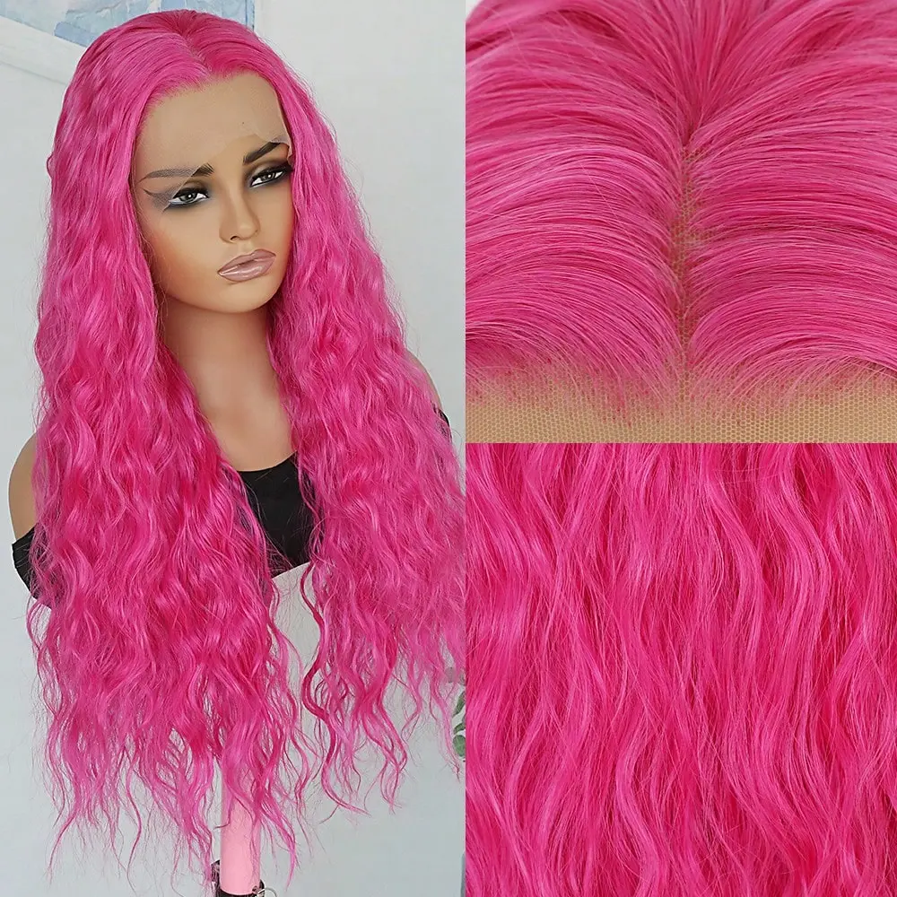 26 Inch Hot Pink Long Loose Curly Lace Front Wig For Women Pre-Plucked 13X4 Lace Glueless Heat Resistant Red Synthetic Hair Skunk Stripe Wig For Daily Use 13x4 Free Part Lace Replacement Wig Ready-To-Wear