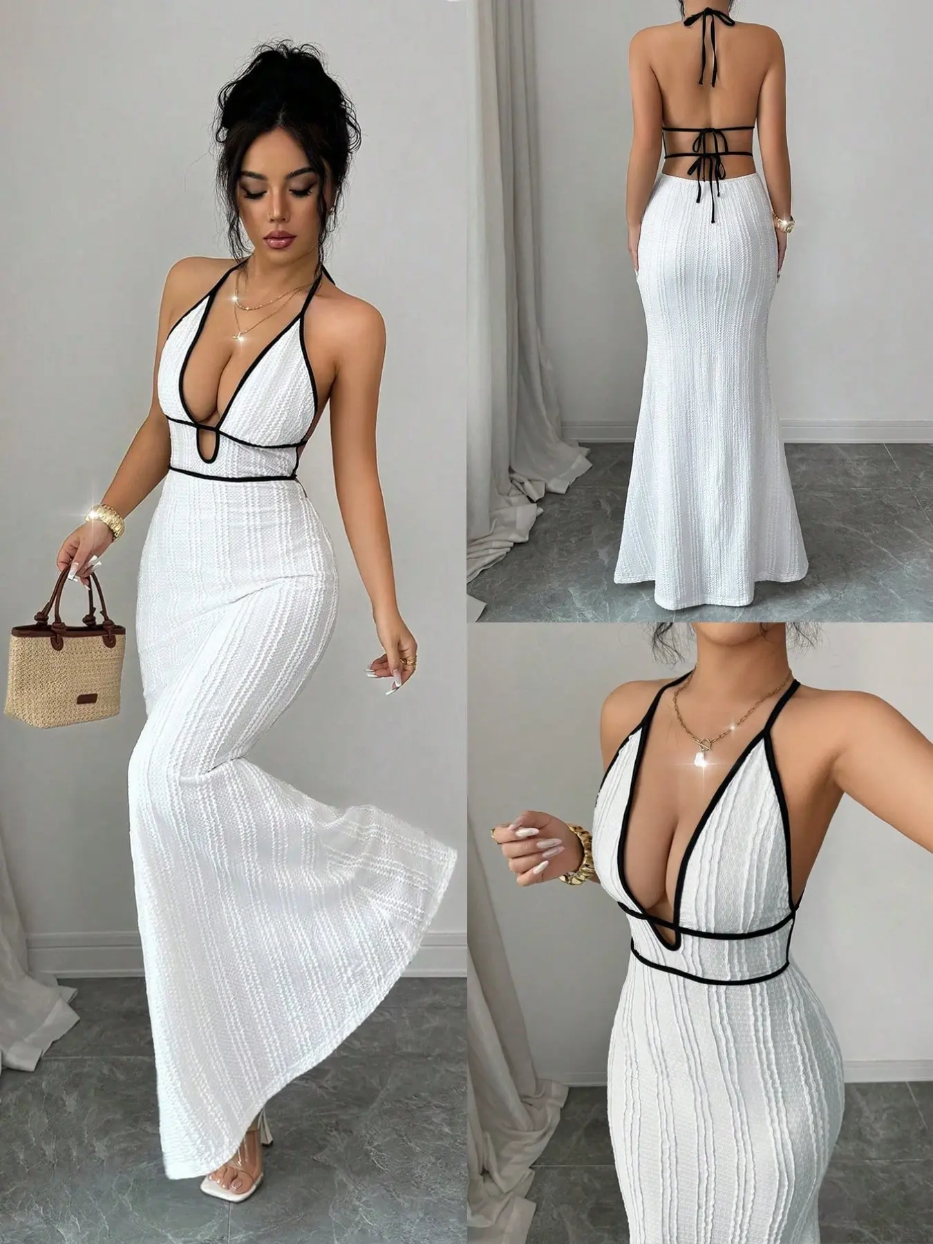 Pure Desire Contrast Halter Backless Fish Tail Dress, Summer Slimming Fit Bodycon Long Dress Vacation Style Strapless Sleeveless, Trendy Fashion Womenswear