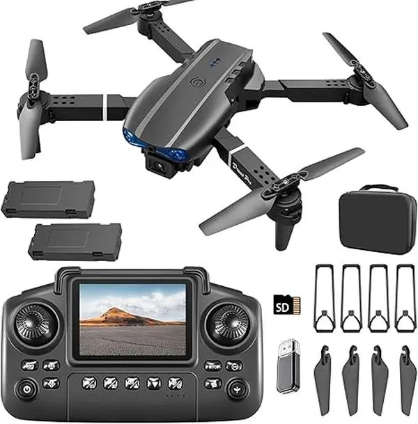 E99 Pro Drone with Screen Remote Controller, Foldable Travel Case, Altitude Hold, One-Key Start, 360° Flip, Live Video Playback and Two Rechargeable Batteries for Beginners