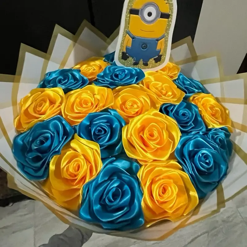 Minion Blue and Yellow Eternal Bouquet - Set of Blue and Yellow Roses with Character Design artificial bouquet Decor Decorative