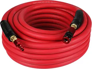 Rubber Air Hose, Durable Air Compressor Hose 3/8 Inch ID By 50  Long with Swivel Universal Aluminium Quick Coupler and Plug, 300 PSI Maximum , Red
