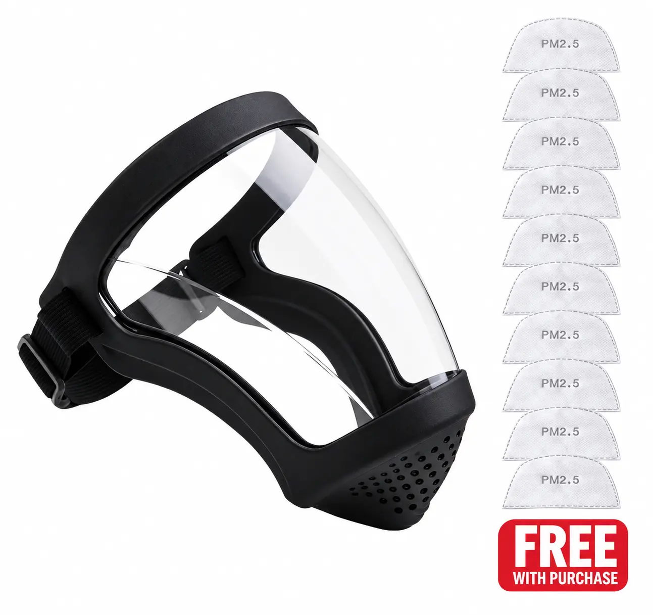 Full-face safety protective shield with 10 PM2.5 filter pads included. Anti-fog clear face visor, adjustable headband, dustproof and splash-resistant. Ideal for grinding, cutting, cooking, cycling, woodworking DIY and outdoor use.