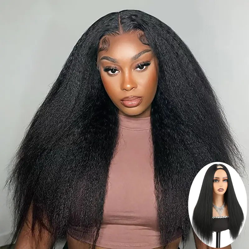 24Inch V Part Wigs Synthetic Yaki Straight Half Wig for Black Women Upgrade U Part Wigs No Leave Out No Sew In No Glue Clip in Half Wigs 180% Density Natural Black