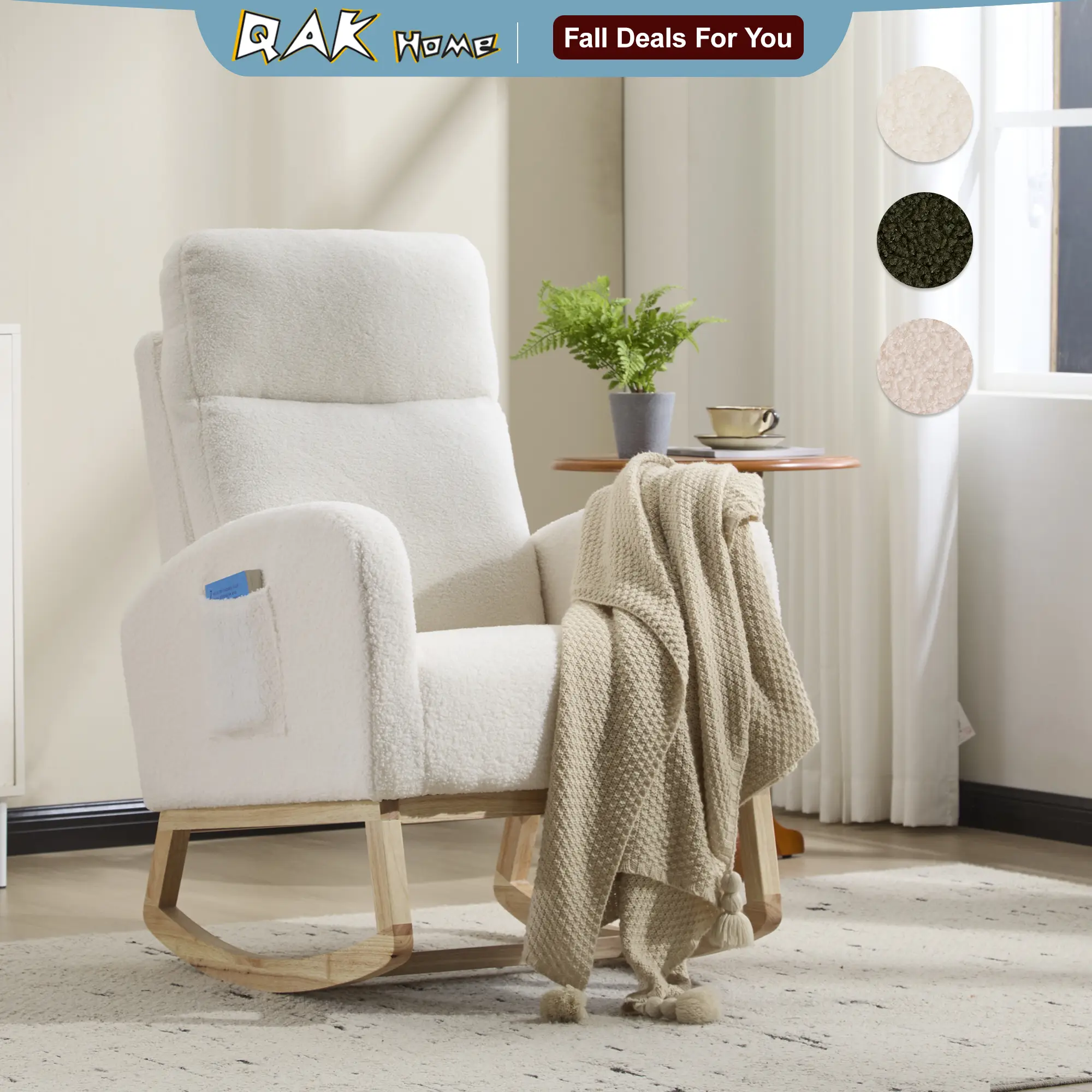 QAK Modern Accent Rocking Chair with Solid Wood Legs, Upholstered Nursery Glider Rocker, Comfy Armchair with Side Pocket, Living Room Lounge Arm Chair