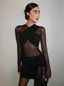 Sexy Women's Sheer Mesh Fabric Panel Bandage-Style Design Dress. Casual Niche Nightclub Rave Slim Bodycon Mini Dress Casual Wear. Minimalist Hot Girl Long-Sleeve Party Dress Womenswear