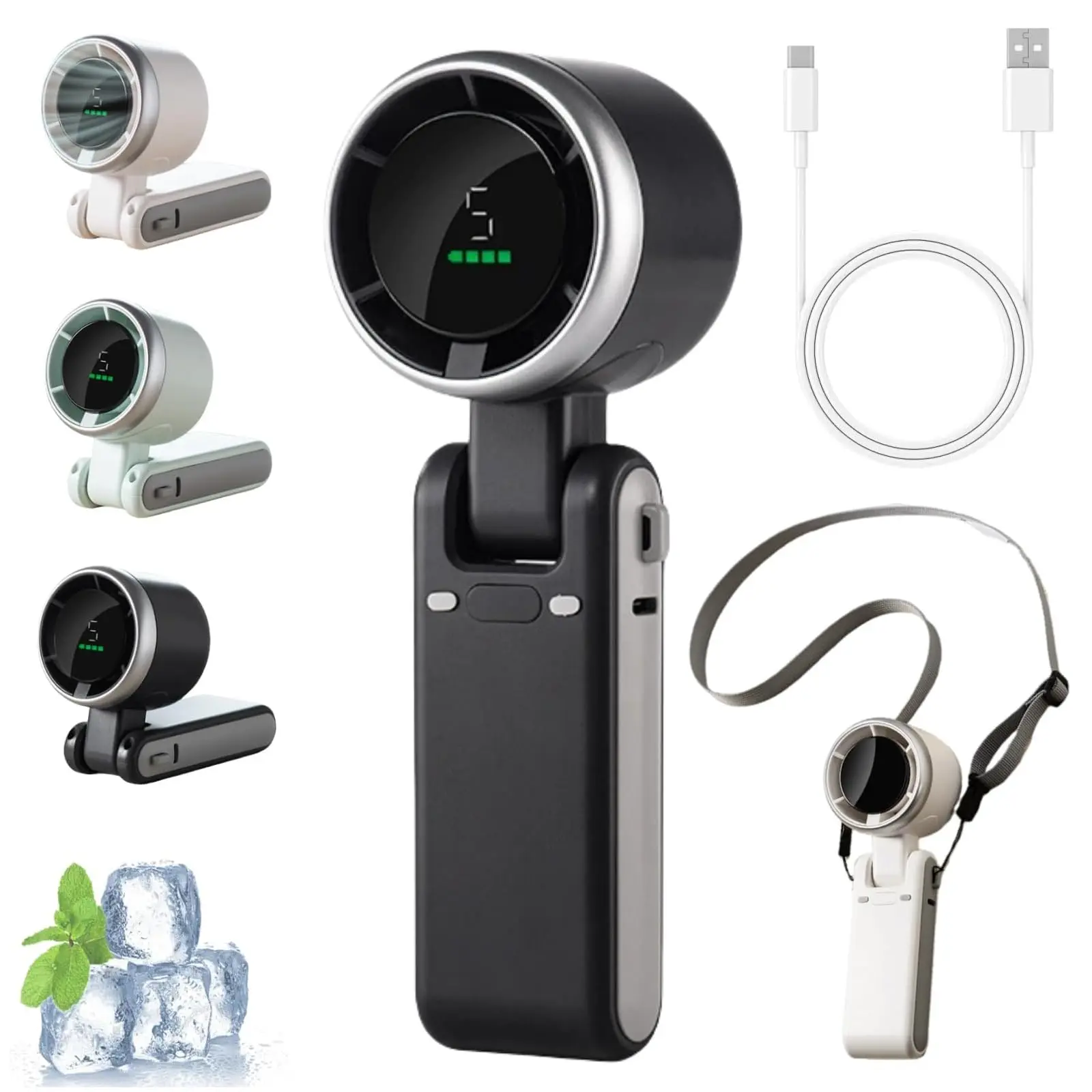 Handheld Portable Turbo Fan,with LED Display, USB Rechargeable Personal Cooler with 5 Speeds, Foldable Portable Fan for Makeup, Office, Outdoor,Travel