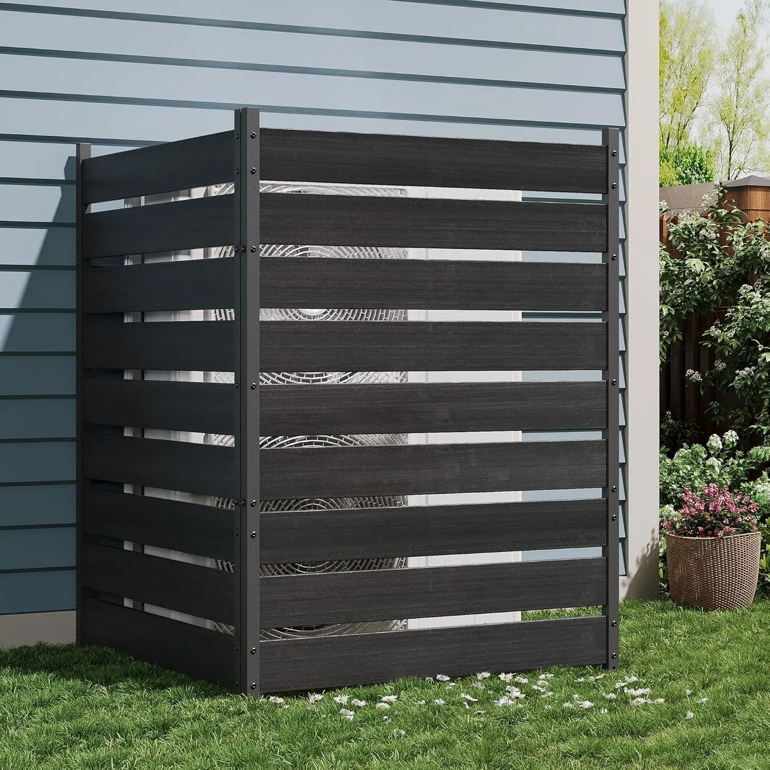 2 Panels Natural Cedar Privacy Screen, Trash Can/Air Conditioner/Pool Equipment Enclosure, No Dig Wood Fence Panel, Outdoor Privacy Wall for Patio Deck, Black