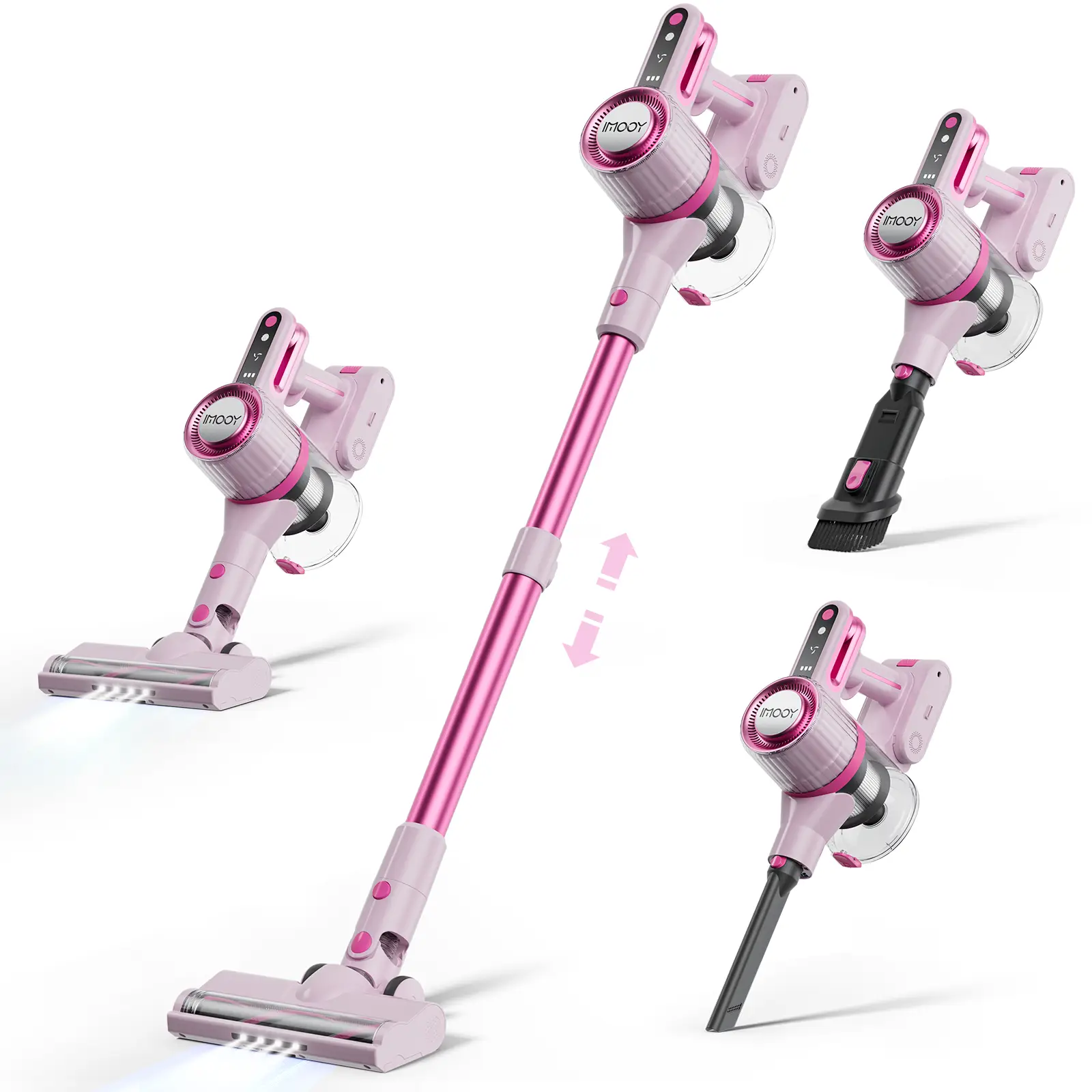 Cordless Vacuum Cleaner - IMOOY Pink/Black&White Vacuum for Home with 80000 RPM High, 8-in-1 Lightweight Stick Vacuum, Rechargeable Battery, Up to 40