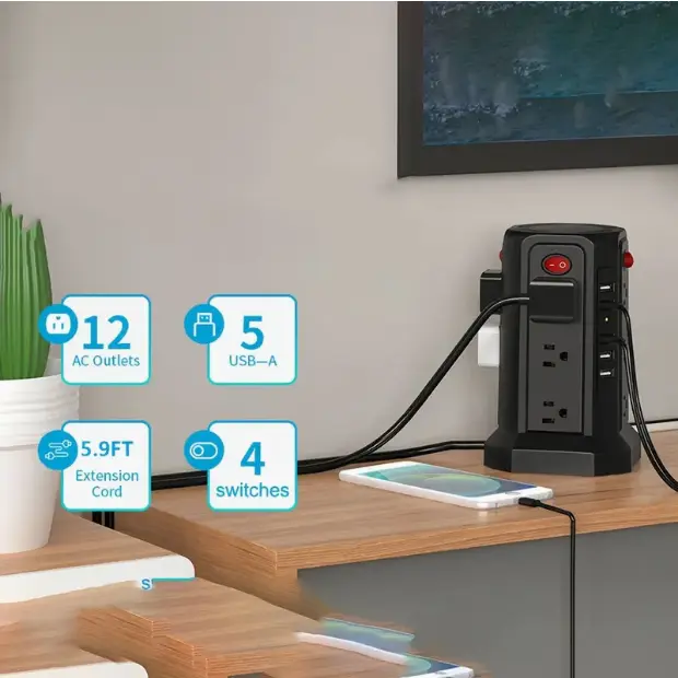 16.4FT Extension Cord Power Strip Tower Surge Protector,12 AC Outlets,5 USB Charging Ports Desktop Charging Tower Station For Multiple Devices Home Office Dorm Room Essential