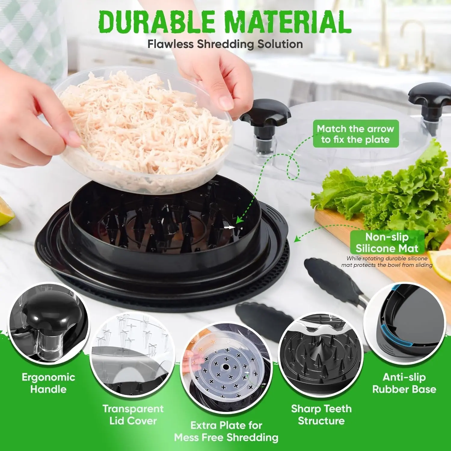 Chicken Breast Shredder Tool with Visible Lid Suitable For Single-Serving, Anti-Slip Strip, Ergonomic Handle, Efficient Shredding for Pork, Beef, Chicken, Kitchen Gadgets, Dishwasher Washable, Black Multi-purpose Clamp Ergonomic Chicken Shredder Tool