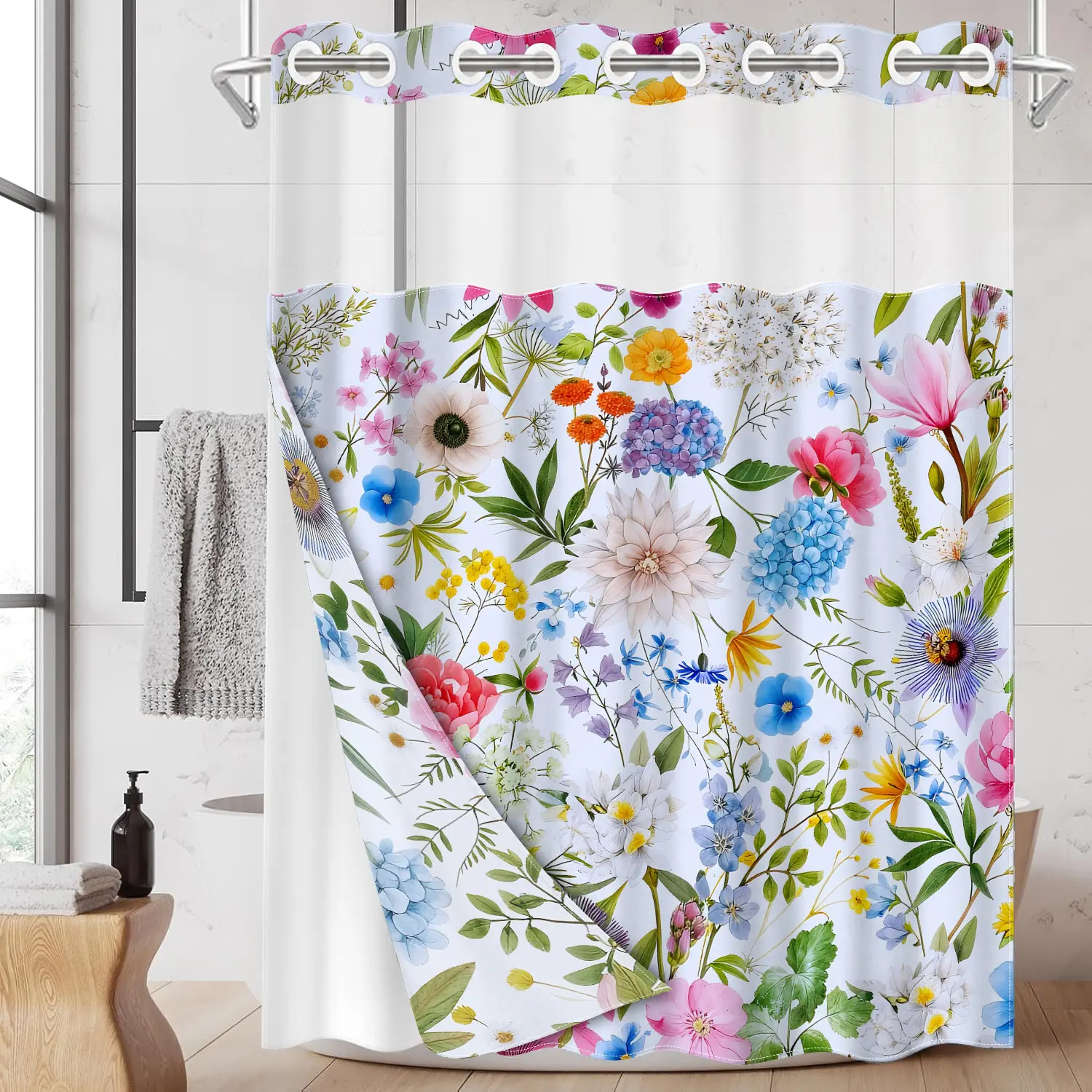 1PC Double Layer Shower Curtain, Decorative Pretty Shower Curtain, No Hooks, Watercolor Multicolor Floral Print Waterproof Fabric, Home Decor, Hotel Bathroom Accessory, Detachable Buckle Shower Curtain and Liner, Bathroom Room Divider