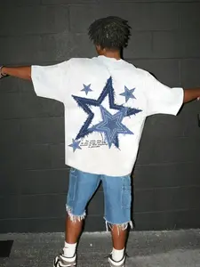 Men's Summer New Street Style American Denim Five-Point Star Patch Embroidery Letter Print Unisex Short Sleeve T-Shirt