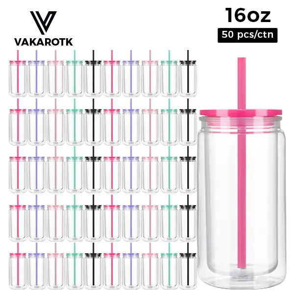 VAKAROTK 25/50pcs 16oz Plastic Acrylic Snow Globe Can Tumbler with Pre Drilled Hole Plugs Lid & Straw, DIY Glitter Gift Drinkware