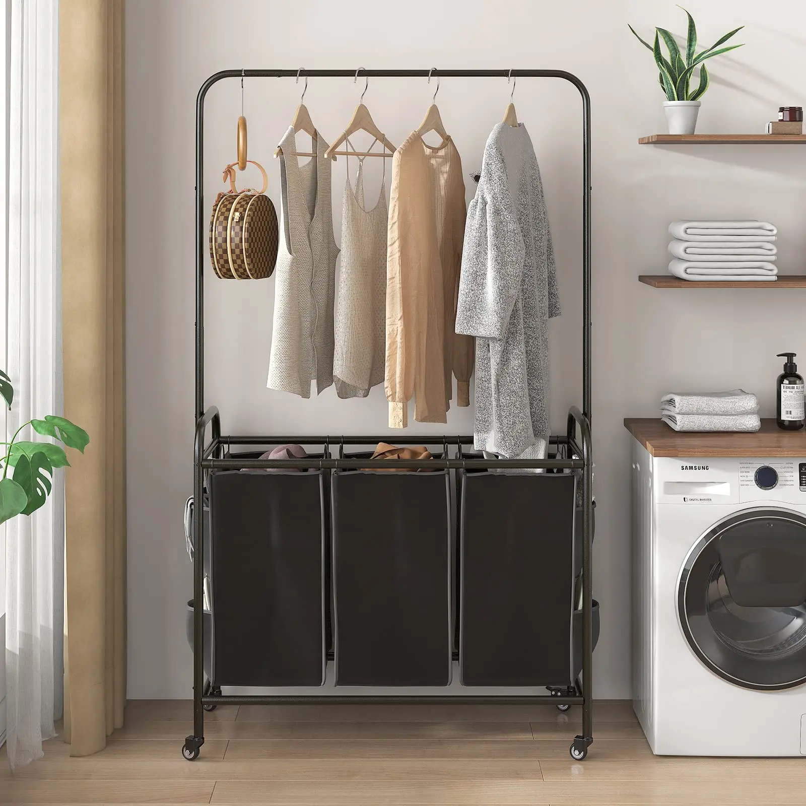 LINZINAR Laundry Sorter Cart with 3 Removable Bags Large Capacity Rust-Resistant Waterproof Collapsible Hamper with Hanging Bar for Dirty Clothes