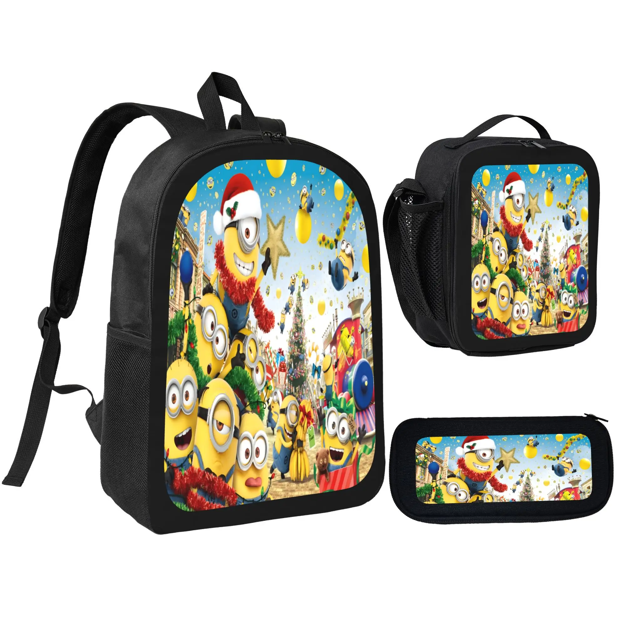 Minions Cartoon Character 3pcs Backpack Set - Synthetic Polyester, Adjustable Shoulder Strap, 15-Inch Laptop Compatibility, Includes School Backpack, Pouch, Lunch Container - Lightweight for Adults' Zoo, Park Trips, Hand Wash Only, High-Capacity, Insulate