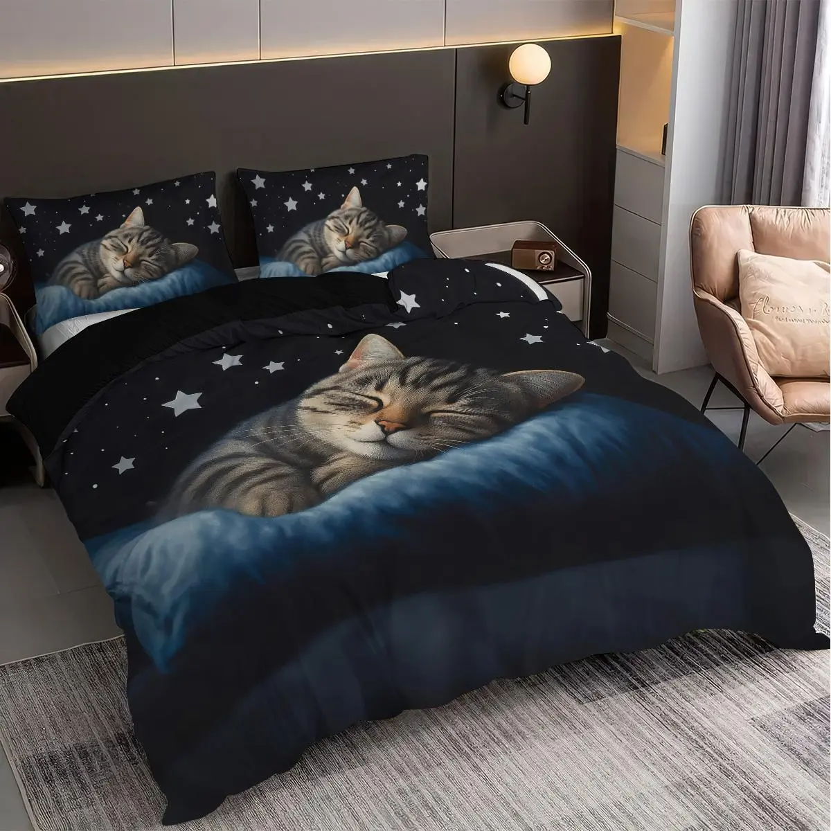 3pcs Cat sleeping pattern printed bedding set, 1 quilt cover and 2 pillowcases, breathable polyester fiber, suitable for all seasons, suitable for teenagers and adults' bedrooms, home decoration, Comfy Bedding Set, Decorative Bedding Set, Soft Bedding Set
