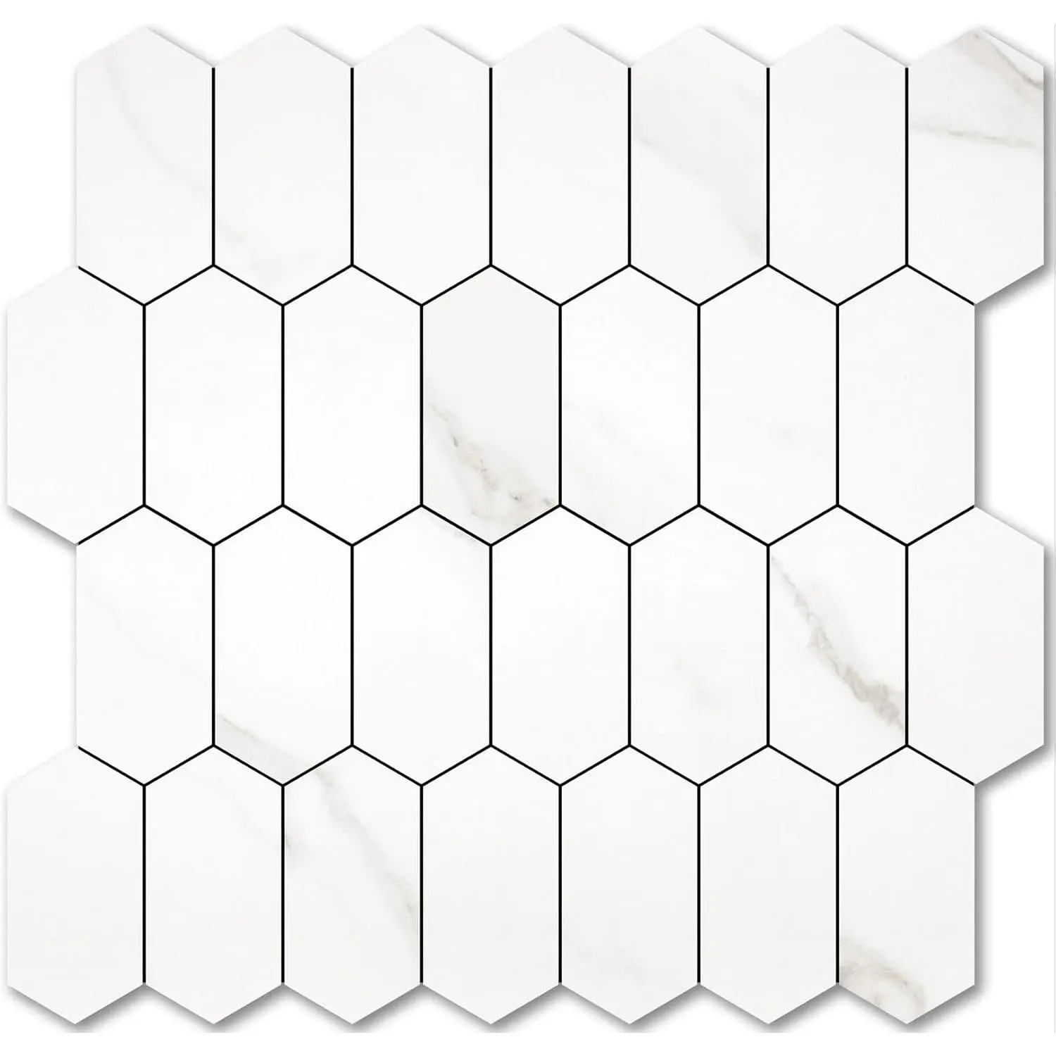 12.4x12 Inch Self-Adhesive Geometric Glass Long Hexagon Synthetic PVC Peel and Stick Backsplash Mosaic - 10 Sheets, White Marble Look, Easy to Clean, Manufacturer Warranty, for Kitchen, Bathroom, RV, Painted/Cement Walls, DIY Users