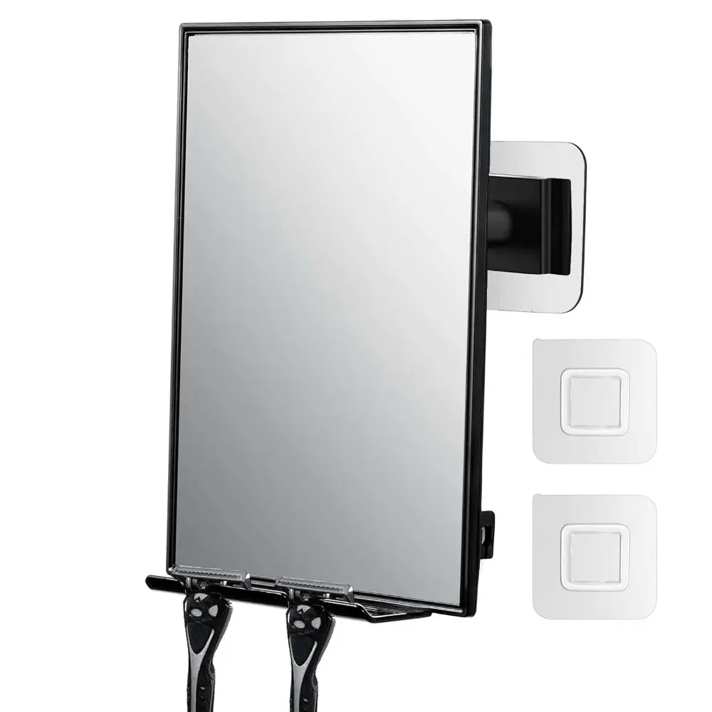Bathroom Stick-On Wall Mirror for Bathroom Fixtures, 360° Rotates Adjustment, Quick and Easy Installation with 2 Replaceable Adhesives, 2 Razor Holders, Adhesive Hooks, Built-In Shelves, Squeegee, Cleaner Bathroom