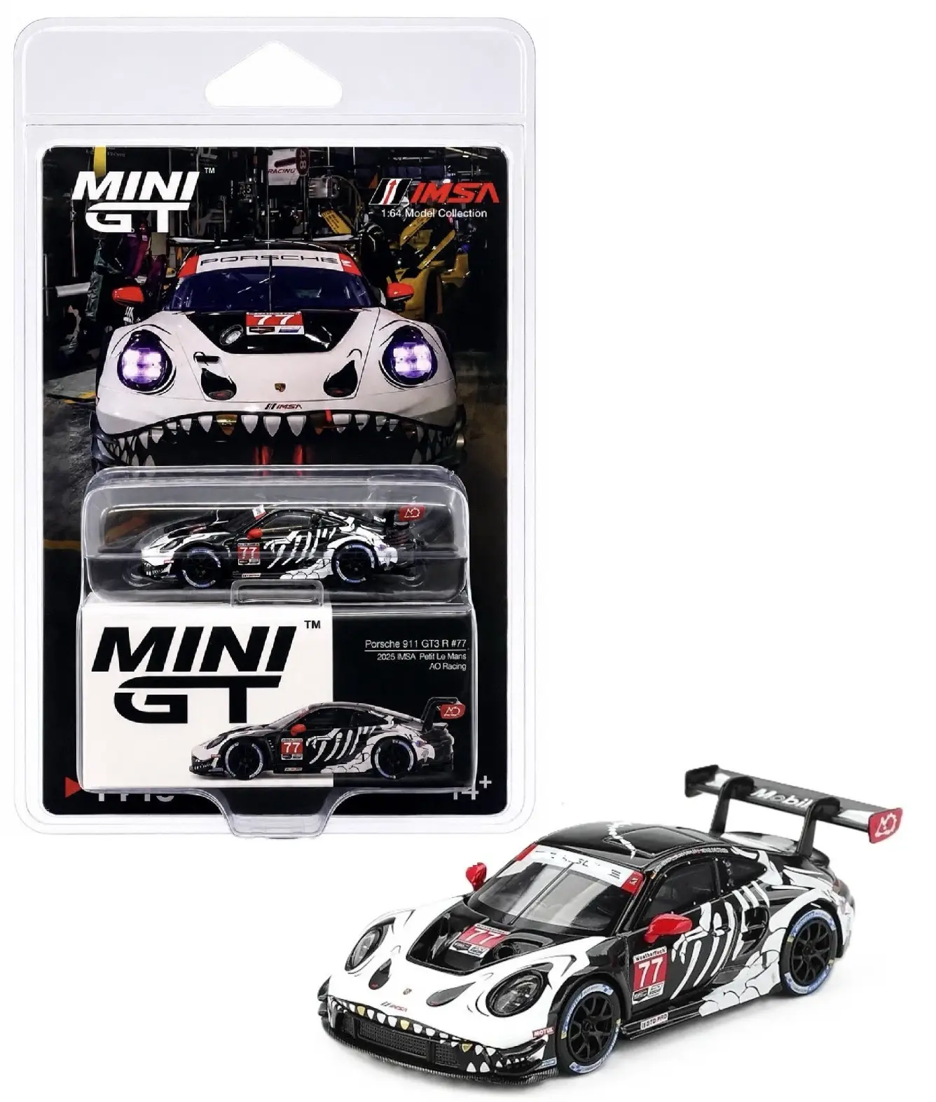 Mini GT 1:64 Collectible Diecast Car - Porsche 911 GT3 R #77 AO Racing 2025 IMSA Petit Le Mans Skeleton Rexy Limited Edition MGT01143, Die-Cast Model Cars, Miniature Diecast Models, Collectible Diecast Cars