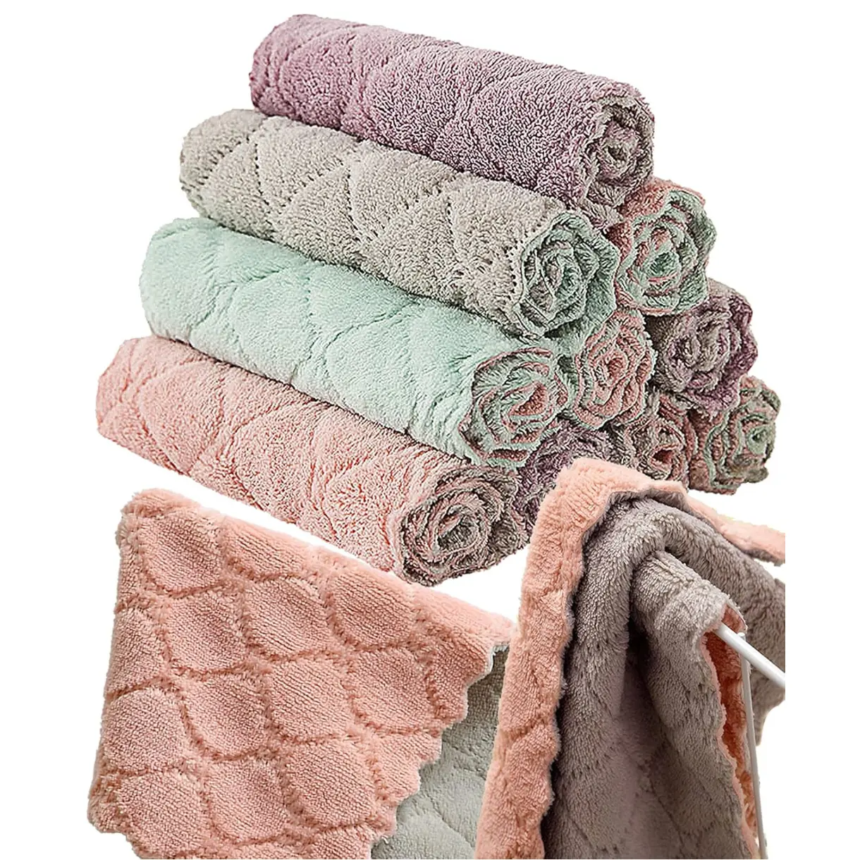 12 Pack Kitchen Towels Quick Dry Washcloths, Coral Velvet Dishtowels Multipurpose Reusable Cloths, Soft Tea Absorbent Cleaning Cloths Double-Sided Microfiber Lint Free Rags.