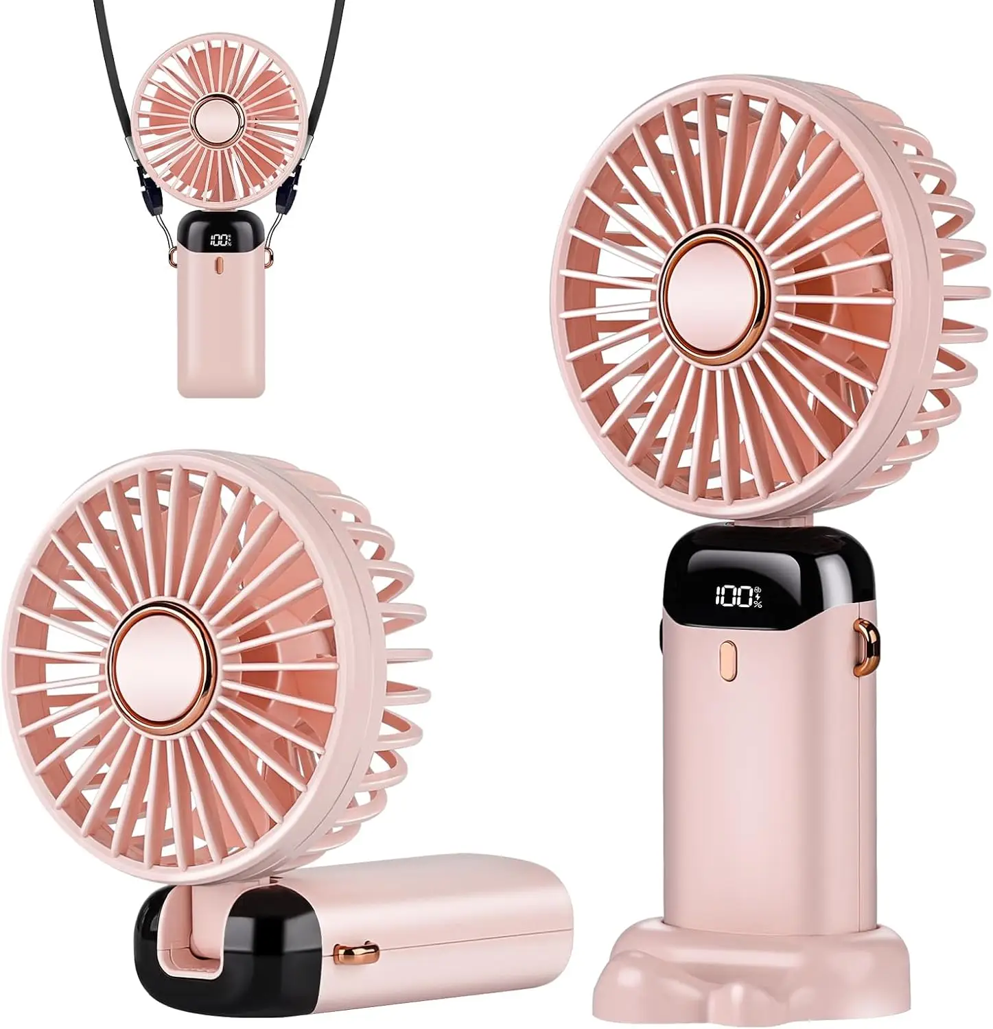 Portable Handheld Fan, Battery Operated Fan With LED Display, Handheld/Neck/Desk 3 in 1 Personal Small Fan, 90° Foldable Desk Fan With Base, 5 Speed H