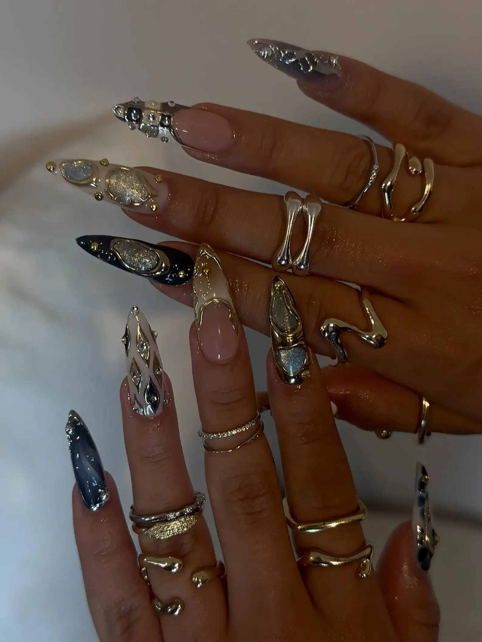 Mixed Metal Chrome Press On Nails – Long Stiletto Black Nude Nails with Silver Gold Sculpted Accents, Glitter Stones & 3D Jewelry Details
