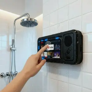 Waterproof Shower Phone Holder with Bluetooth Speaker – 360° Rotating Touch Screen Phone Box for Bathroom, Enjoy Movies & Music in the Shower, Smartphone Holder