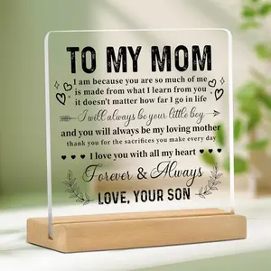 Acrylic Desktop Ornament with Wooden Base, Clear Letter Pattern Decorative Ornament, Desktop Decoration for Home Office, Creative Desktop Decoration, Gift for Mom, Signs, Indoor Home Decoration
