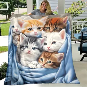 Cute Tabby Cat Blanket - Soft Flannel Kitten Bedspread with Multi-Color Tabby Cats (Brown/White/Black/Grey) - Lightweight All-Season Cozy Throw for Bed, Sofa, Travel & Camping - Hand Wash Only Cat Lover Gift