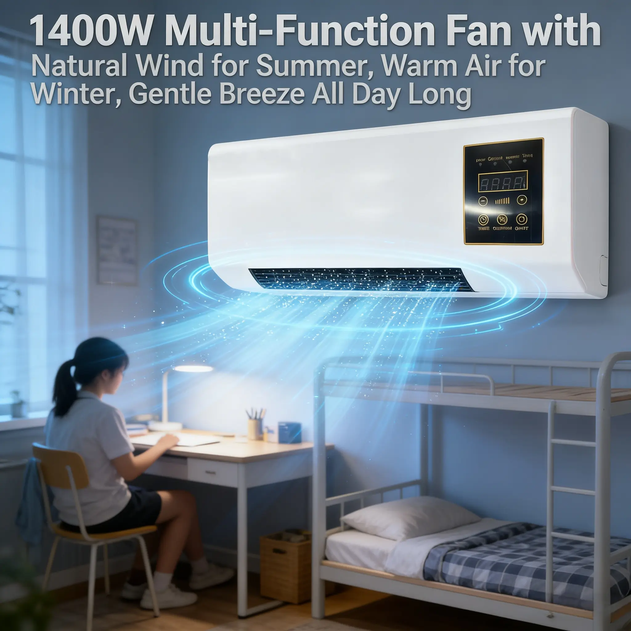 1400W All Season Wall Mount Fan Heater, Gentle Natural Cooling Wind for Summer & Fast Warm Air for Winter, Space-Saving Mini Wall Air Conditioner with Remote Control