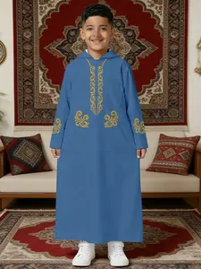 Blue Bottom Embroidery Boys' Hijab Robe, Hooded Design, Muslim Boy Elegant Dress, Modest Clothing for Kids