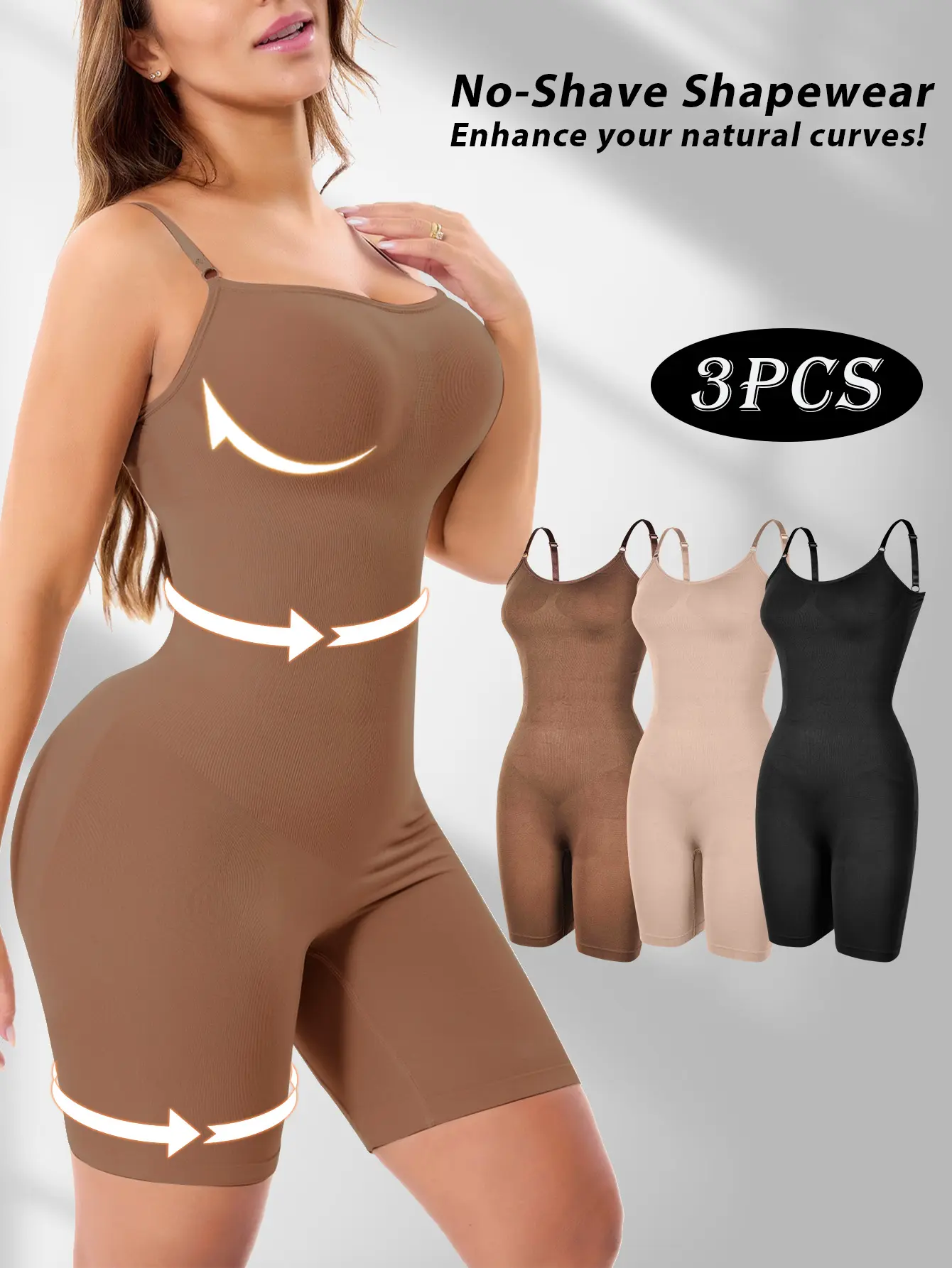 3 Pack Adjustable Strap Full Body Shaper Jumpsuit, Tummy Control Butt Lifting Mid Thigh Bodysuit, Crotch Opening Seamless Slimming Compression Shapewear for Daily Dresses
