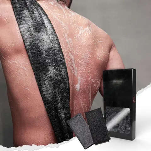 Extra Rough Exfoliating Washcloth Towel - Adjustable Bath Personal Care Tool for Stress Relief & Pain Relief, Body & Back Shower Scrubber, Hygienic Fiber Sponge, Men & Women, 2-Count Black & Grey Pack