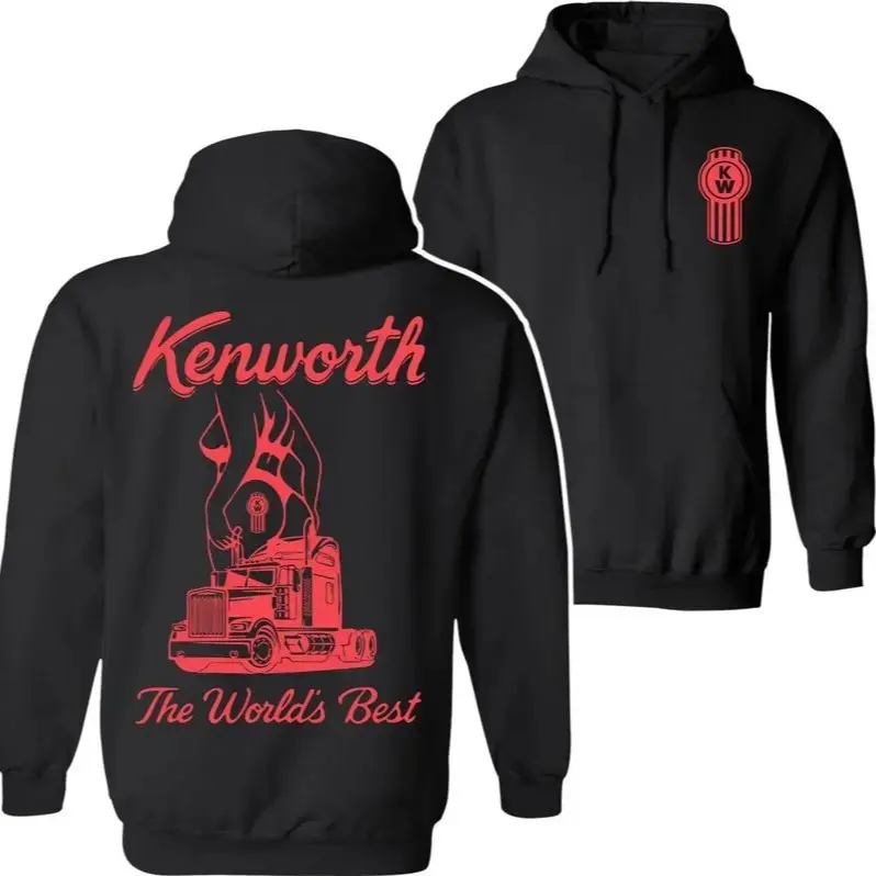 Kenworth Red Truck Graphic Hoodie – “Best in the World” Slogan Back Print, Soft Cotton Unisex Pullover, Cozy Fall Winter Streetwear for Truck Drivers, Trucker Lifestyle Fans & Semi Truck Lovers Gift