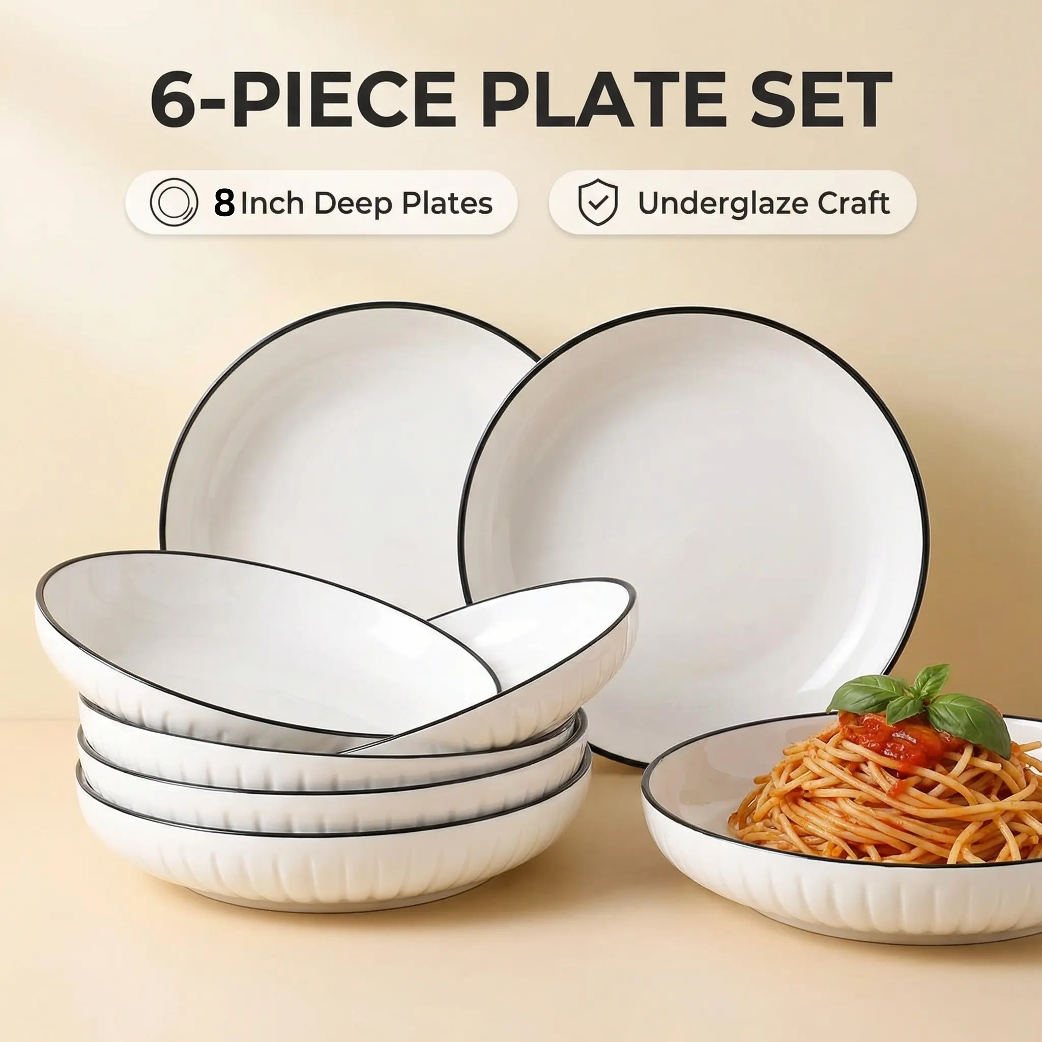 8 Inc Set of 6 Solid White Round Fluted Ceramic Dinner Plate, Minimalist Deep Round Plates with Thin Black Rim, Premium Sturdy Porcelain Serving Plates, Microwave & Dishwasher Safe For Salad, Dessert,Family Meals Plateset Tableware Sets snack plate