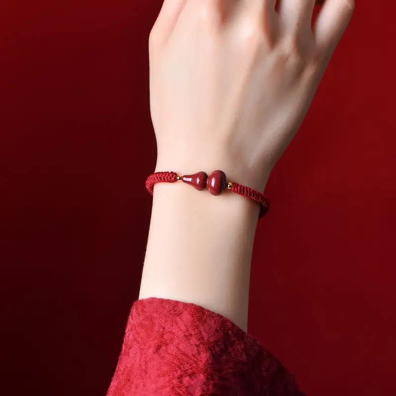 Unisex Natural Crystal Cinnabar Gourd Shape Bracelet with Red String - Adjustable Fit for 13cm-18cm Wrists, Symbol of Good Luck, Protection, Prosperity, Wrist Sizes