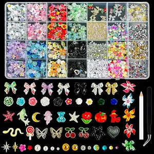1Box Multiple Styles Classic Colorful Bow Flowers Bear Moon Realistic Pearl Resin Nail Charms 3D Y2K Hollowed Butterfly Cherry Mini Steel Bead Four-star Thin Flakes Mixed Nail Art Decorations DIY Ornaments Nail Art Accessories