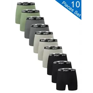 10-Pack Men'S Athletic Boxer Briefs - High Stretch Knit Fabric, Solid Color, Quick-Dry, Moisture-Wicking, Elastic Waistband, Polyester 95% Spandex 5% - Sport & Casual Wear