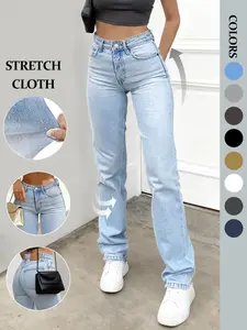 NVFelix Y2K Streetwear High Waist Stretch Straight Leg Jeans Women Vintage Slim Blue Denim for Daily Casual Wear