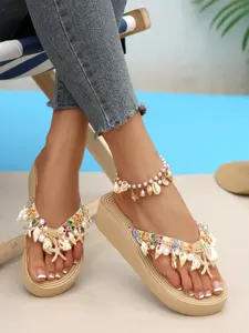 Boho Thick Sole Sandals, Shell Starfish Pendant, Vacation Style Heeled Flip Flops, Comfortable Summer Footwear, Trendy Beach Shoes