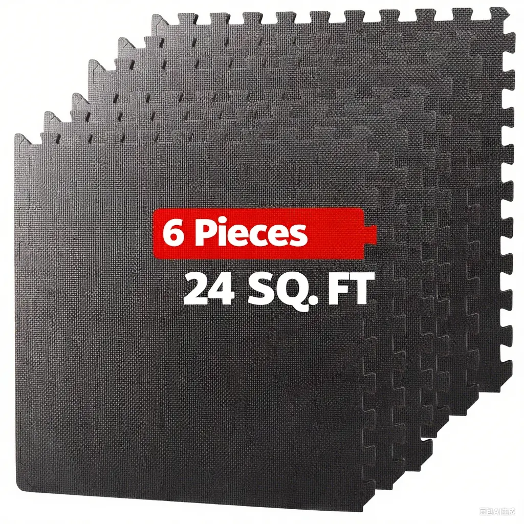 AnswerE EVA Exercise Equipment Mats 6-Pack - 6 Tiles, 0.5in Thick, 24.8”x24.8”, Lightweight, 24 Sq. Ft Coverage, Durable Cushioned Black Flooring, Home Gym Fitness Accessory