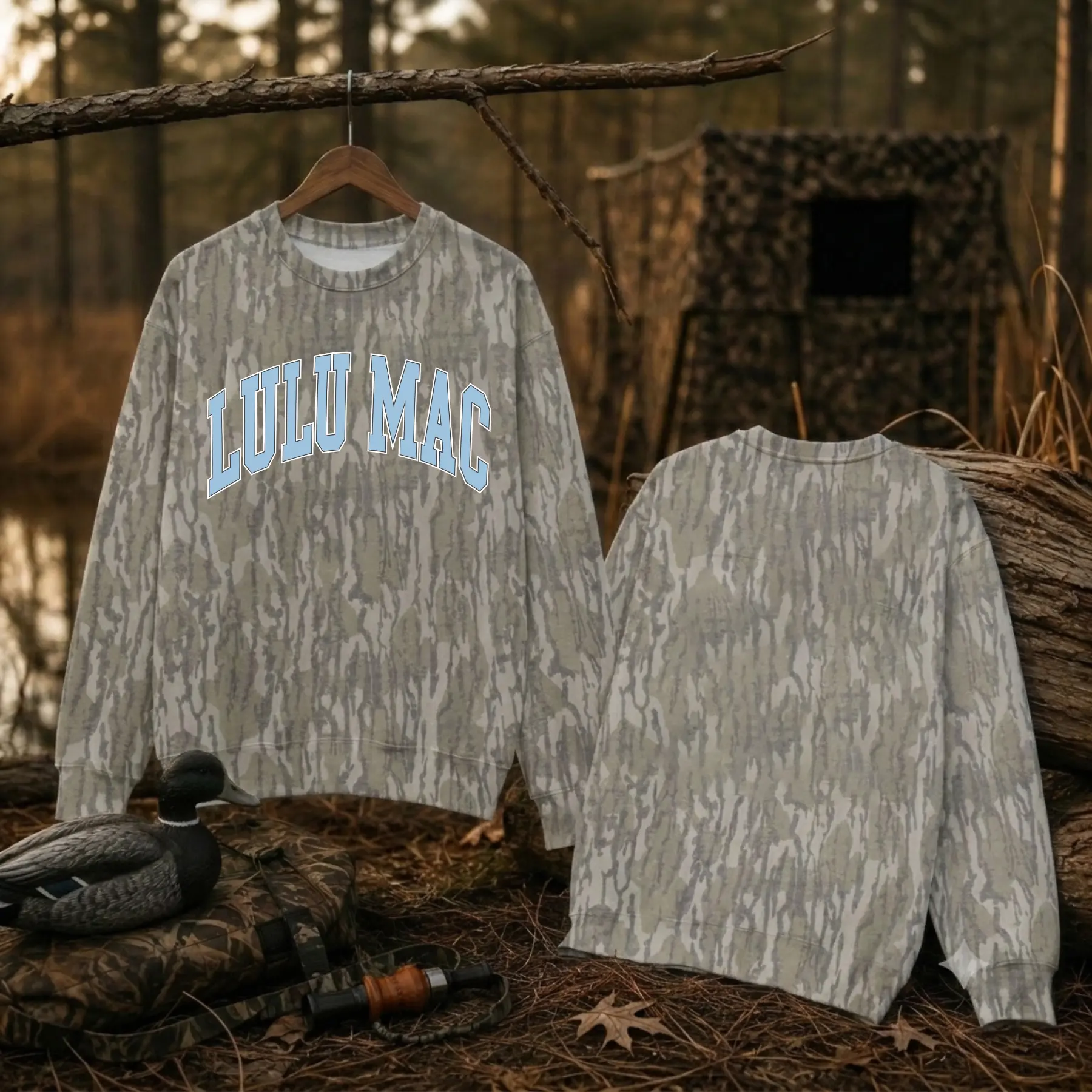 Bottomland Camo Sweatshirt for Women, Collegiate Graphic Pullover Sweatshirt, Vintage Outdoor Hunting Camouflage Hooded Top, Casual Southern Country Style